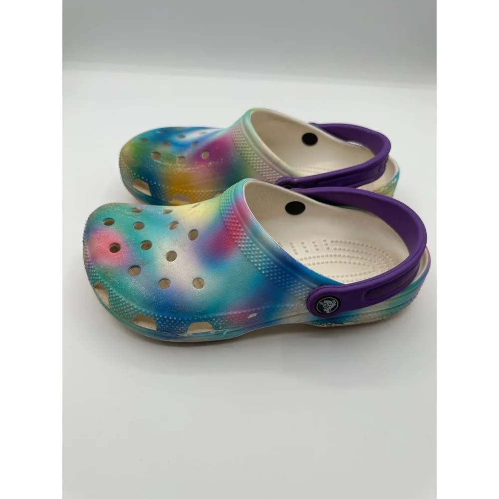 Crocs Kids Classic Tie Dye Glitter Clogs Multi Color Purple Strap Junior Size 5